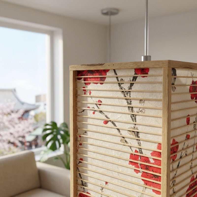 Detailed view of japanese sakura pendant light with hand painted red cherry blossoms on textured paper panels
