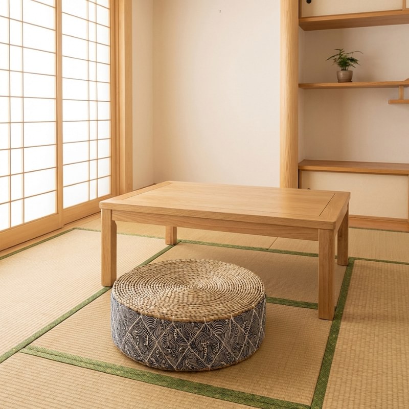 Japanese seating floor cushion with geometric diamond pattern on tatami mat near wooden chabudai table and shoji screen