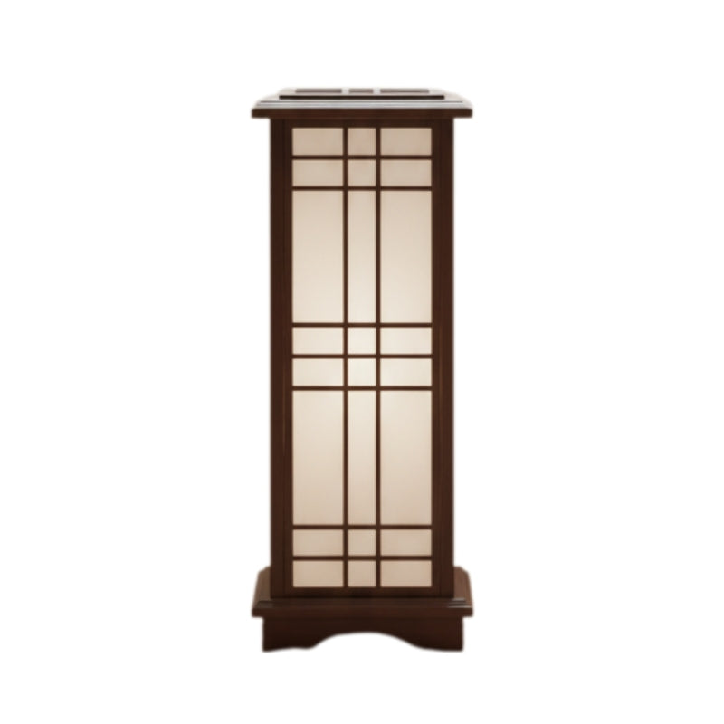 Traditional japanese shoji lamp black with dark wood frame and geometric grid panels displayed on clean white background showcasing elegant craftsmanship