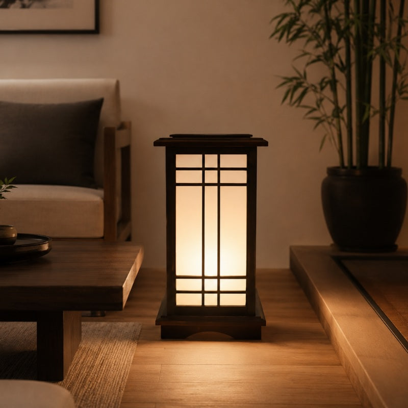 Japanese shoji lamp mini in dark wood with warm glowing rice paper panels placed on a wood floor in a dimly lit living room with bamboo plant and low furniture