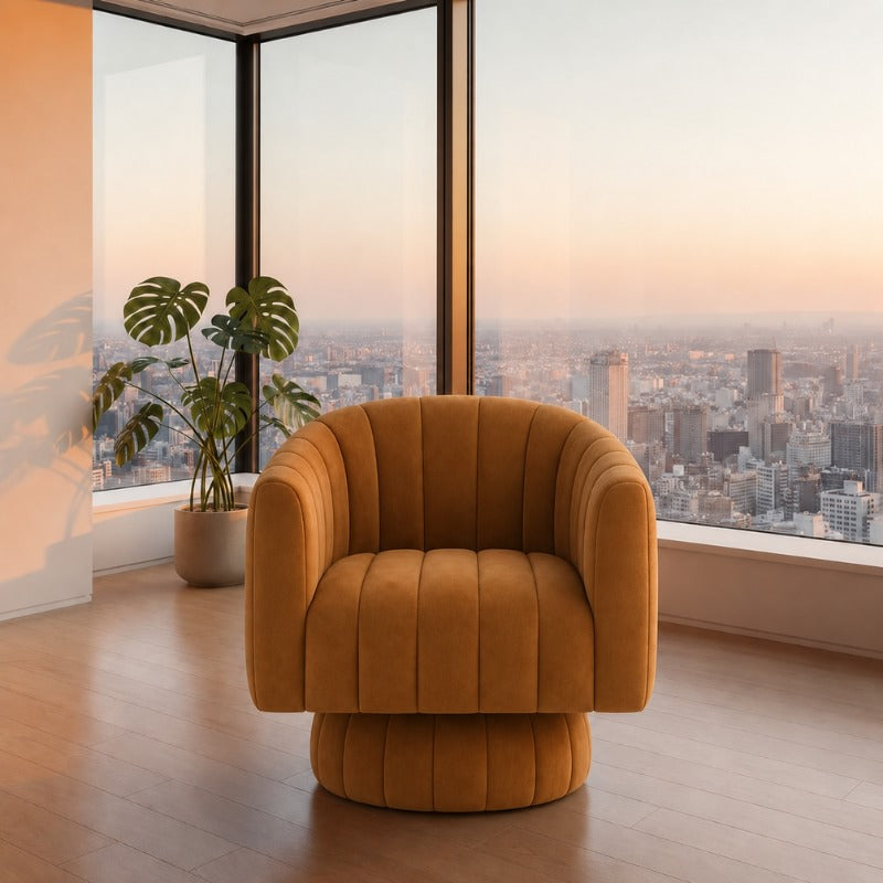 Japanese sofa modern with rust colored bubble design in minimalist apartment with corner panoramic city views at sunset