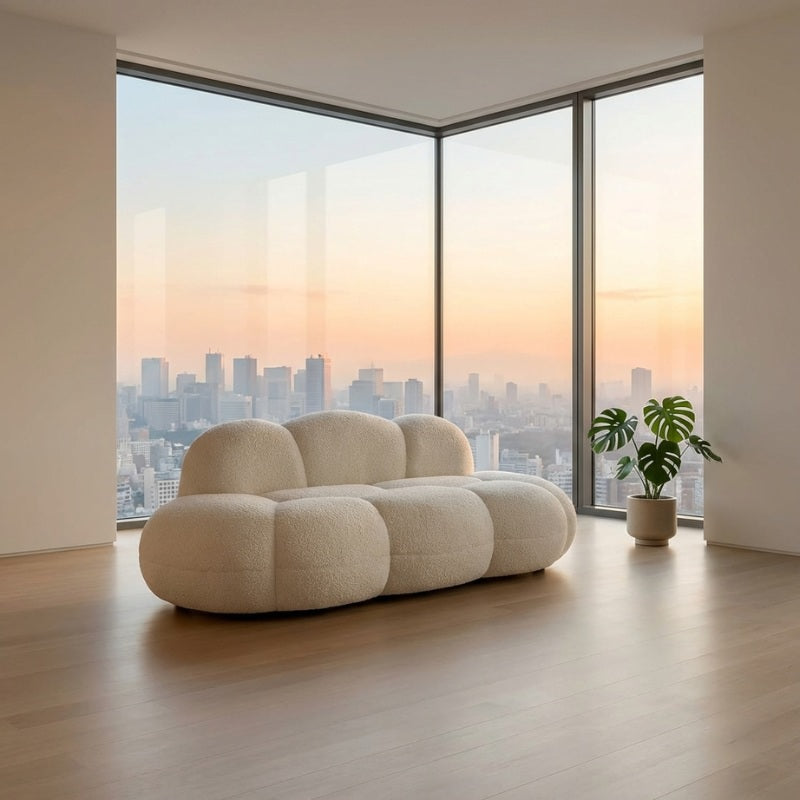 Japanese sofa white with modular bubble cloud design in modern apartment with corner panoramic city skyline views at sunset