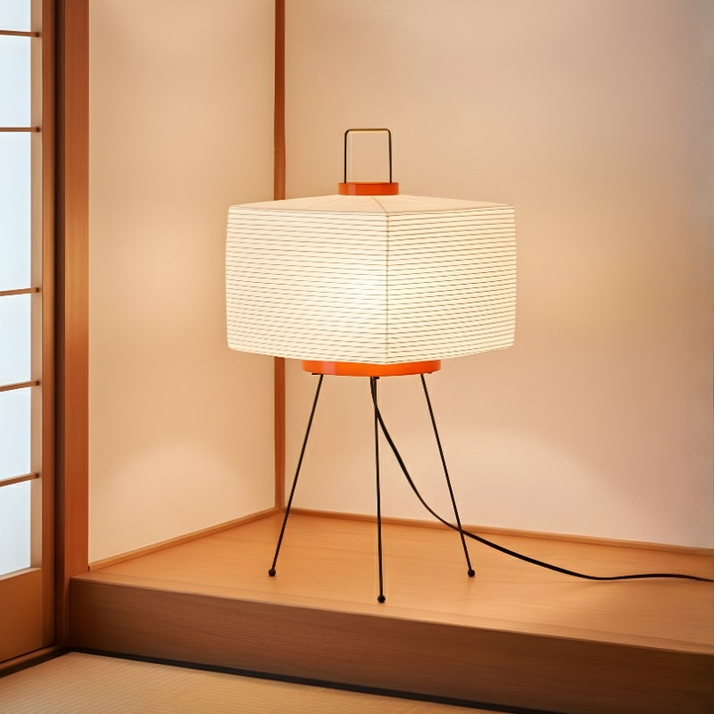 Minimalist japanese style floor lamp with textured square shade positioned in corner near traditional shoji screen window