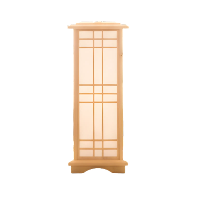 Traditional japanese style lamp shoji with natural wood frame and gridded translucent panels displayed on clean white background showcasing authentic craftsmanship
