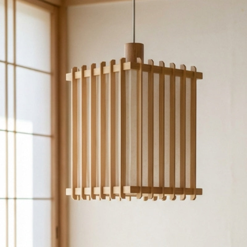 Square japanese style pendant light with vertical slat design near traditional shoji sliding door