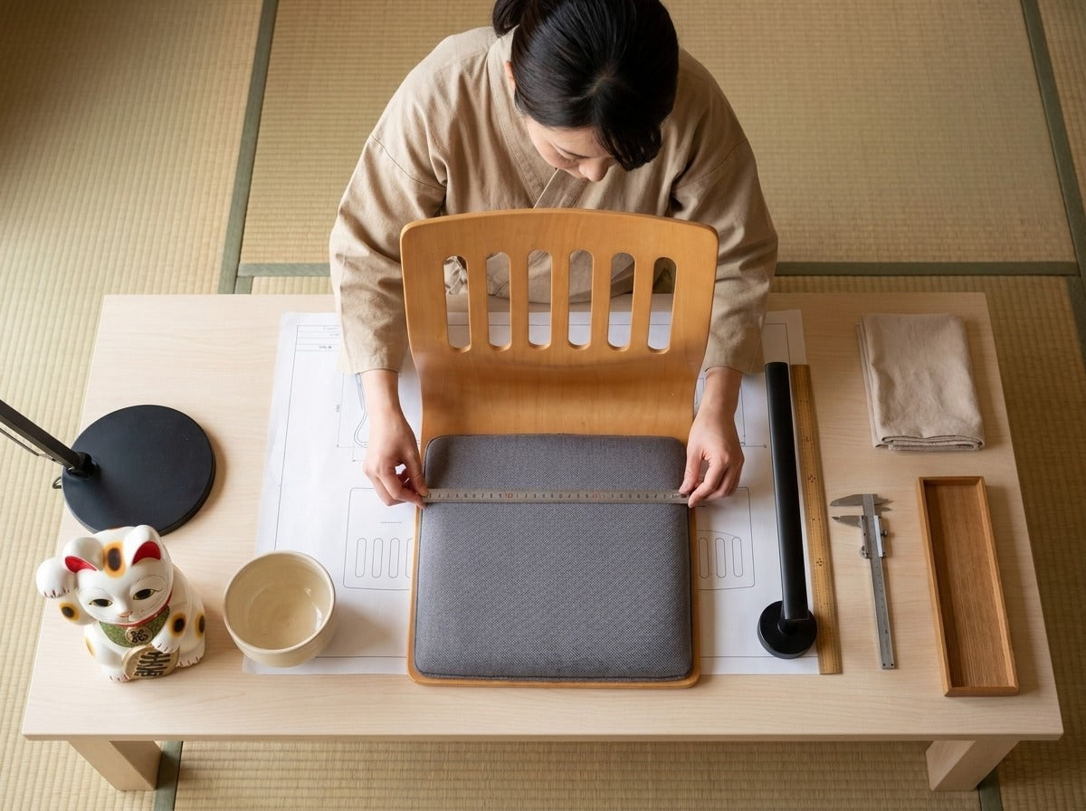 Overhead view of a woman in kimono measuring a traditional Japanese tatami floor wood chair with slatted backrest and grey fabric seat against technical blueprints on a tatami worktable with maneki-neko figurine