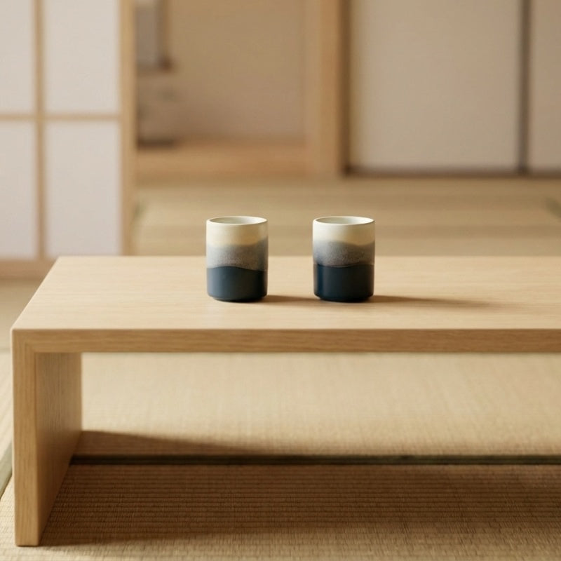 Japanese tea cup ceramic set in ombre blue glaze on low wooden table in minimalist tatami room