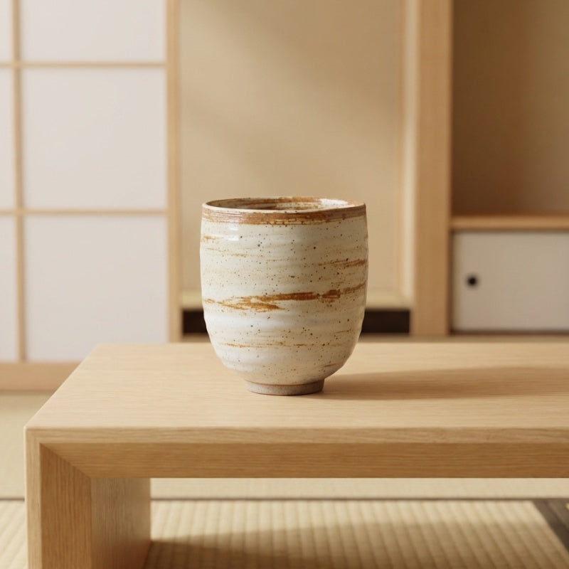 Japanese tea cups ceramic style with rustic striped glaze on minimalist wooden low table near shoji