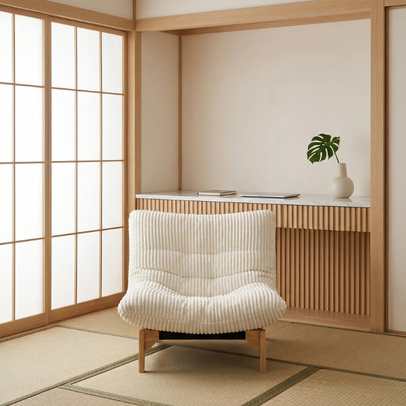 Japanese traditional sofa white with ribbed corduroy upholstery on wooden frame in traditional room with tatami flooring and shoji screen