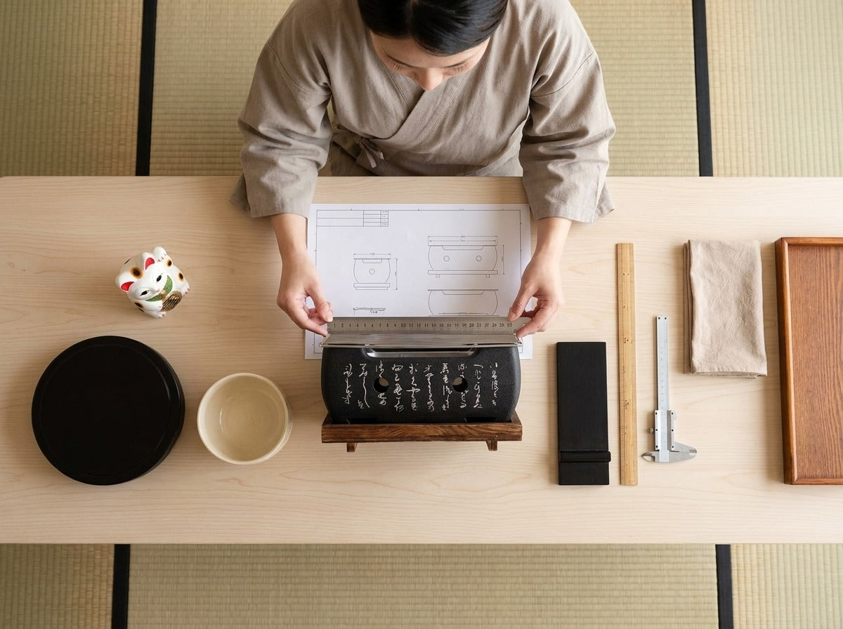 Overhead view of a woman in kimono measuring a Japanese traditional barbecue grill with calligraphy engravings on a wooden stand against technical blueprints on a tatami table
