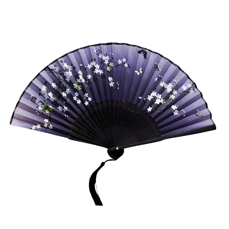 Japanese vintage fan in deep purple with white sakura butterflies and black carved bamboo ribs displayed flat on white background