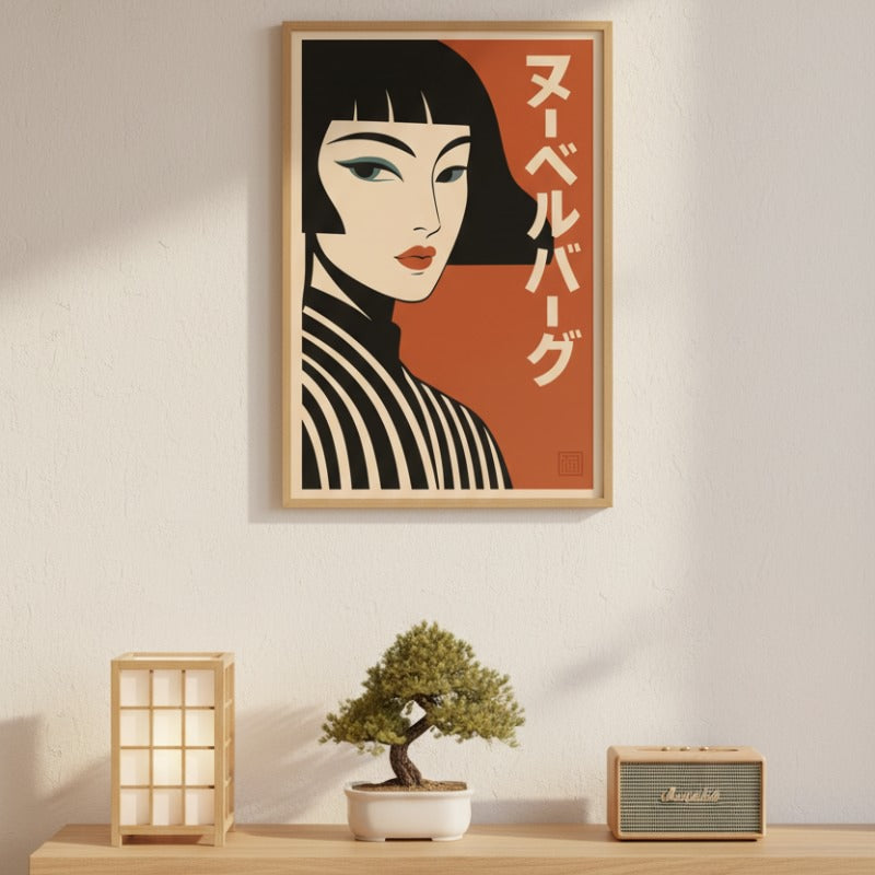 Striking japanese vintage wall art poster featuring woman in striped kimono with orange background displayed above wooden console with bonsai tree