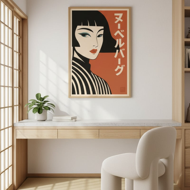 Elegant japanese wall art vintage poster showing portrait of woman with bold makeup and geometric kimono pattern hanging in serene interior