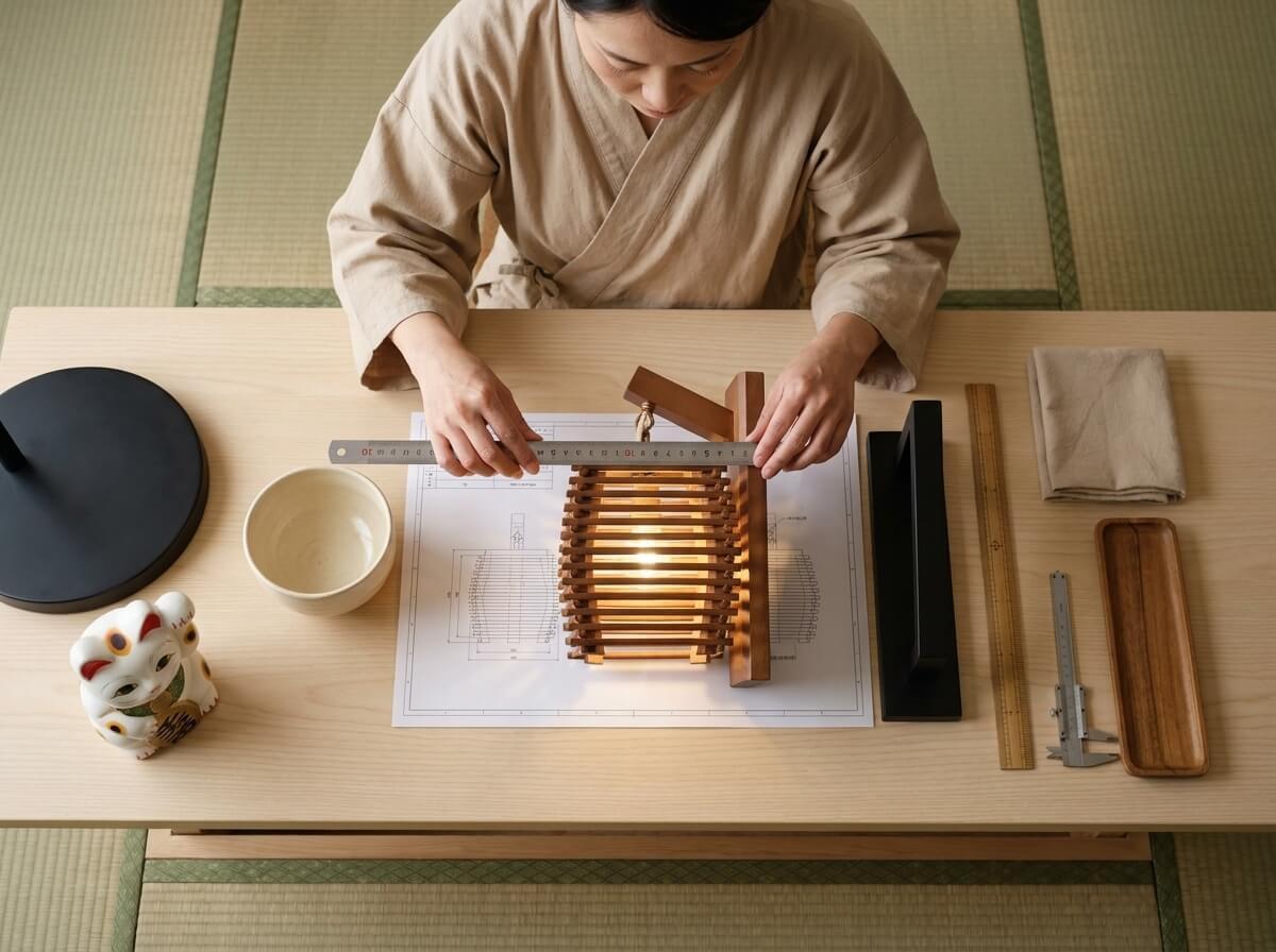 Craftsperson measuring a lit traditional japanese wall lamp with woven wooden slat shade against its technical blueprint, ruler in hand, with maneki neko figurine, ceramic bowl, and calipers on a light wood table