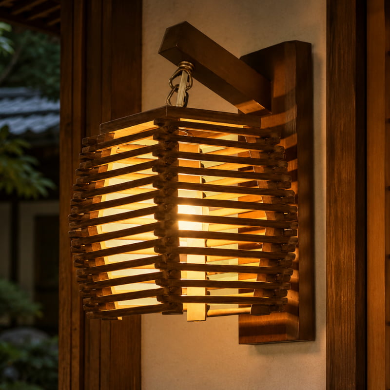 Illuminated japanese wall lamp casting a warm glow through its woven wooden slats, mounted on a dark timber beam wall with a traditional tiled roofline visible through the window at dusk