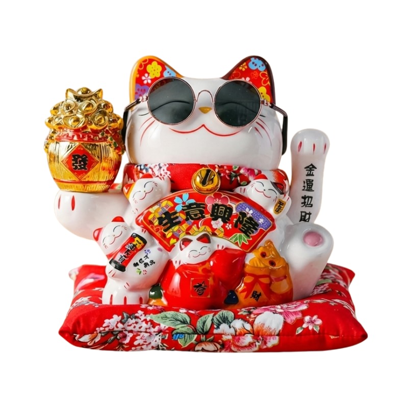 Close up japanese white maneki neko ceramic fortune cat with golden treasure pot companion cats and auspicious calligraphy on white background