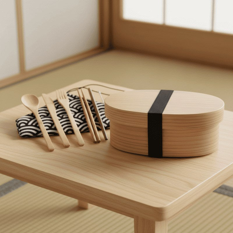 Single-layer oval japanese wood bento box with complete wooden utensil set arranged on minimalist table near traditional shoji screen
