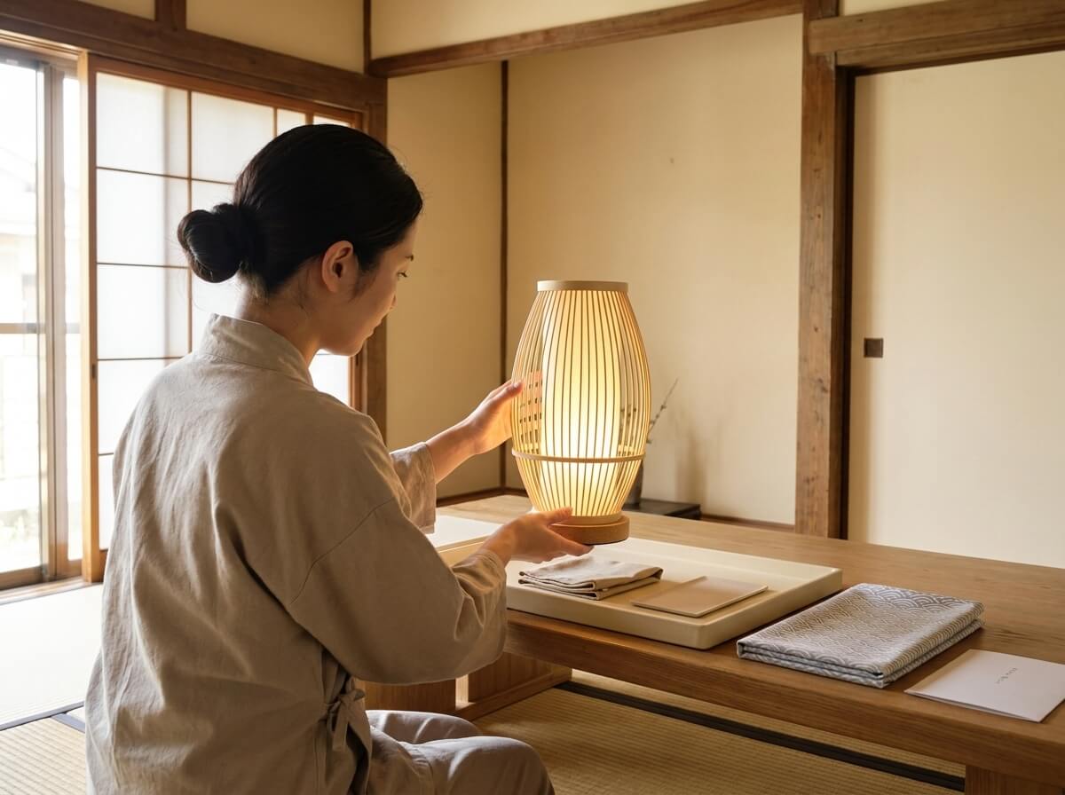 Woman in a linen apron admiring a glowing japanese wood lamp with woven bamboo slats, its warm traditional light filling a tatami room at dusk