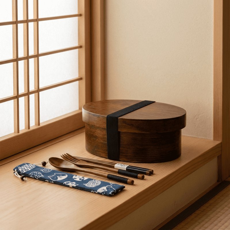 Dark brown japanese wooden bento box with black elastic band and matching wooden utensils on windowsill beside tatami room in natural light