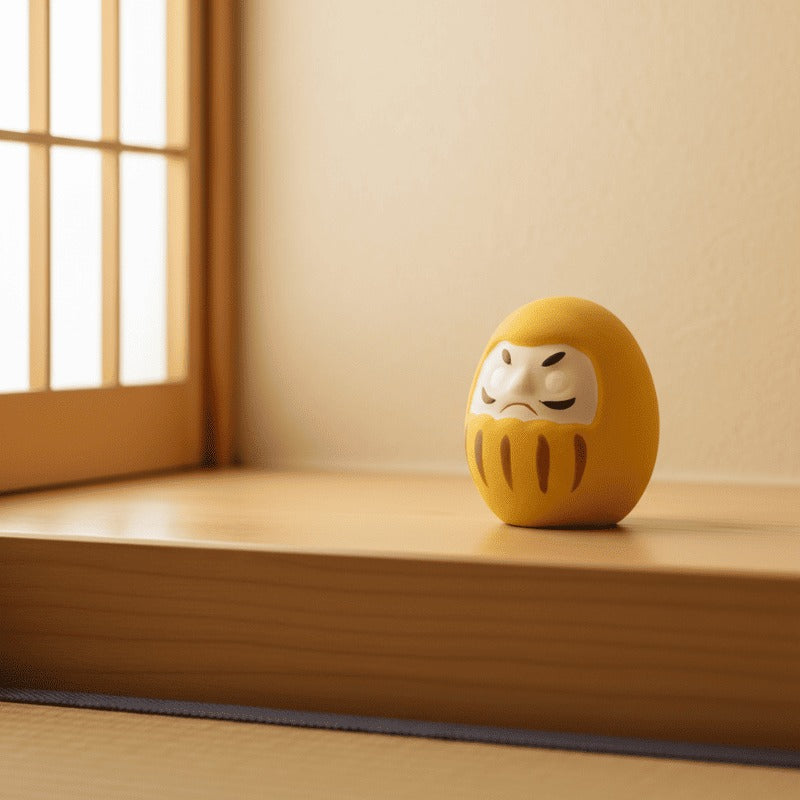 Prosperity focused japanese yellow daruma with determined expression sitting on wooden shelf beside shoji screen window catching golden afternoon sunlight