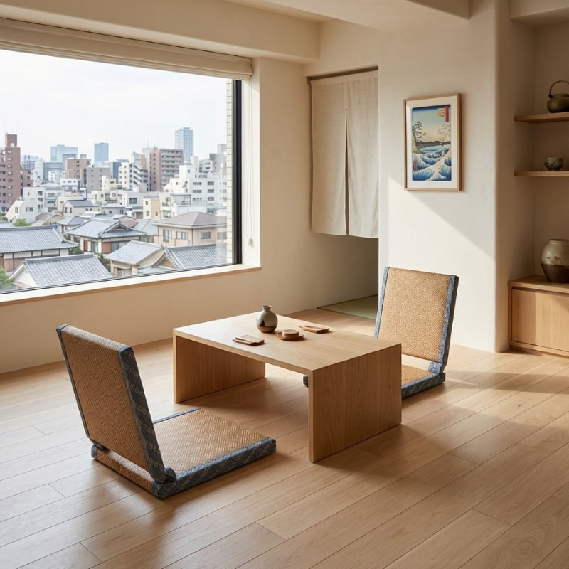 Japanese zaisu chair pair with woven reed pattern around low table in modern room with cityscape view and noren curtain