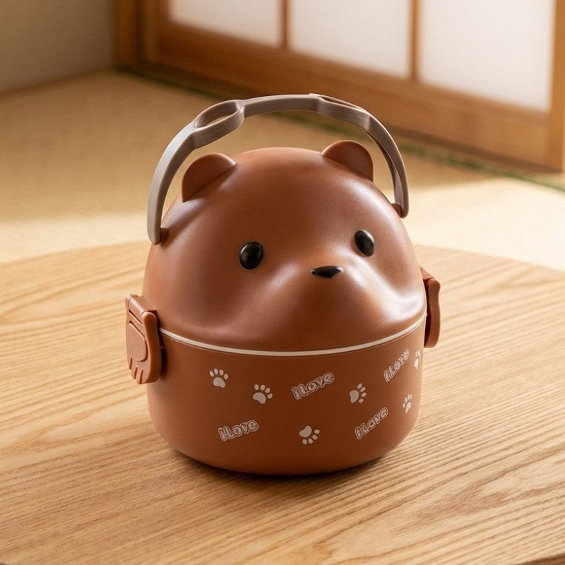 Practical kids bento box in warm brown displaying love messages on wooden table in Japanese interior