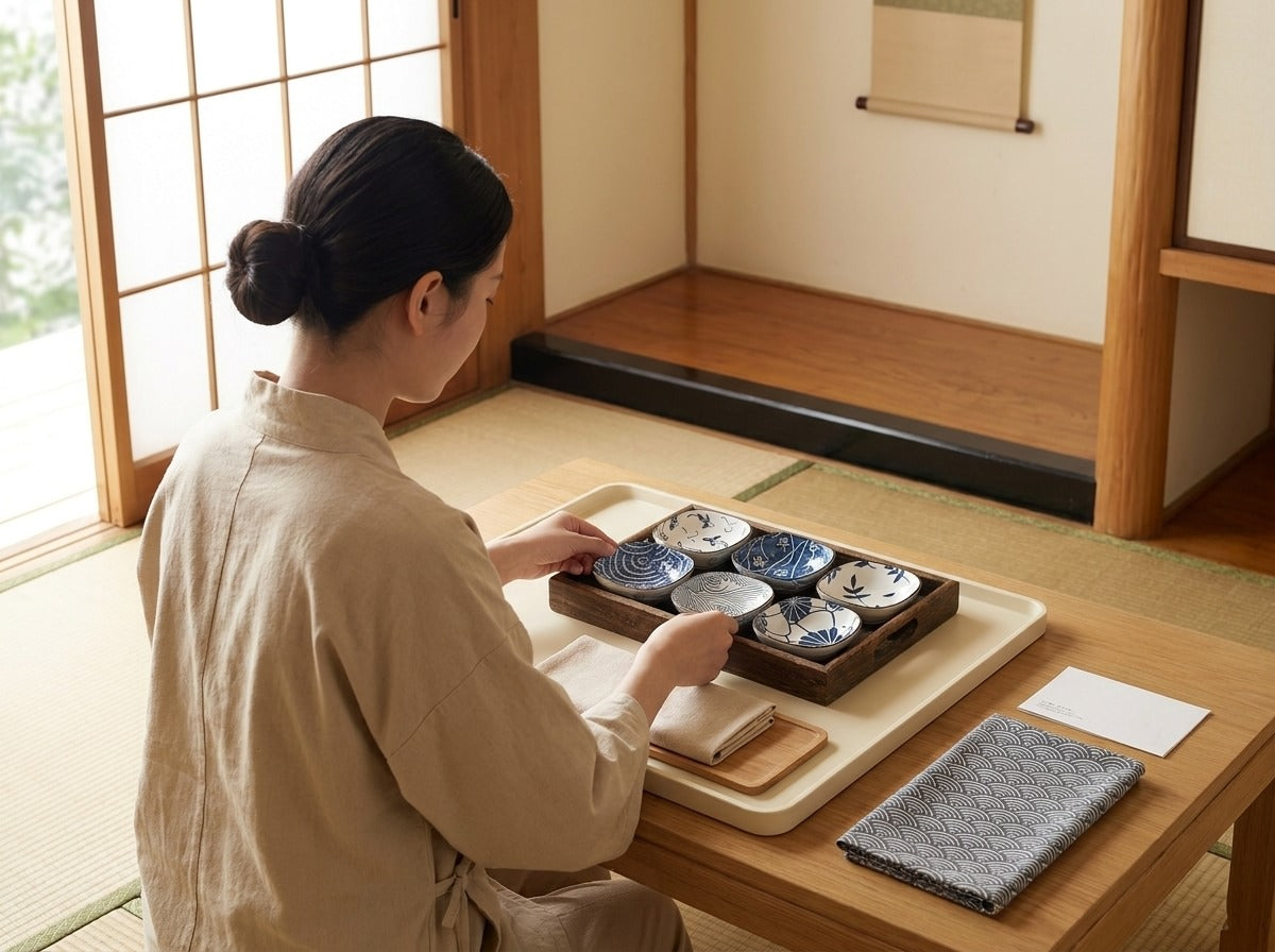 Woman in linen apron carefully examining a set of six kobachi bowls with blue and white Japanese motifs in a wooden tray on a tatami room table near shoji screen