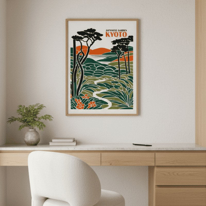 Kyoto japanese print garden poster hanging above minimalist wooden desk with white sculptural chair and potted plant near window