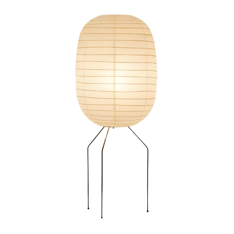 Classic lamp akari nugochi with horizontal pleated rice paper oval shade and wire tripod frame displayed on clean white background