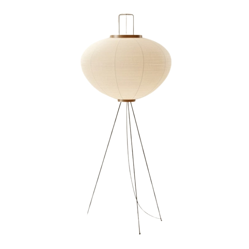 Classic lamp floor wabi sabi featuring oval rice paper shade with horizontal ribbing on slender tripod base displayed on white background