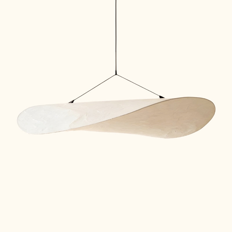 Sculptural lamp japandi pendant with organic wood curves displayed on minimalist white background