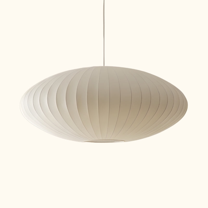 Saucer shaped lamp japandi white with vertical ribbed design floating on clean neutral background