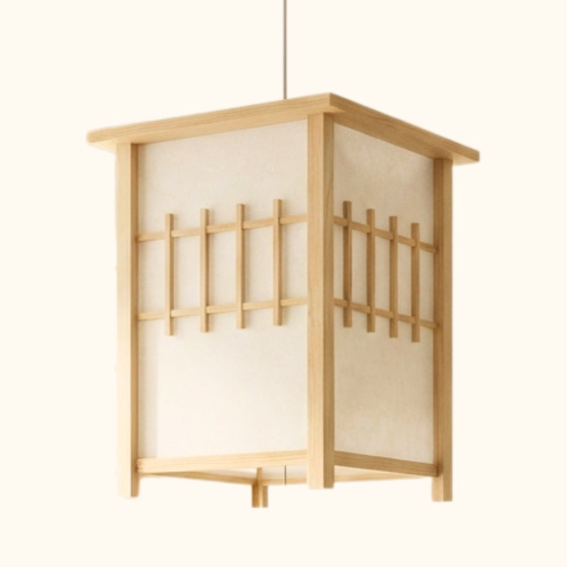 Traditional lamp pendant japanese shoji lantern with natural wood frame and translucent paper panels on white background
