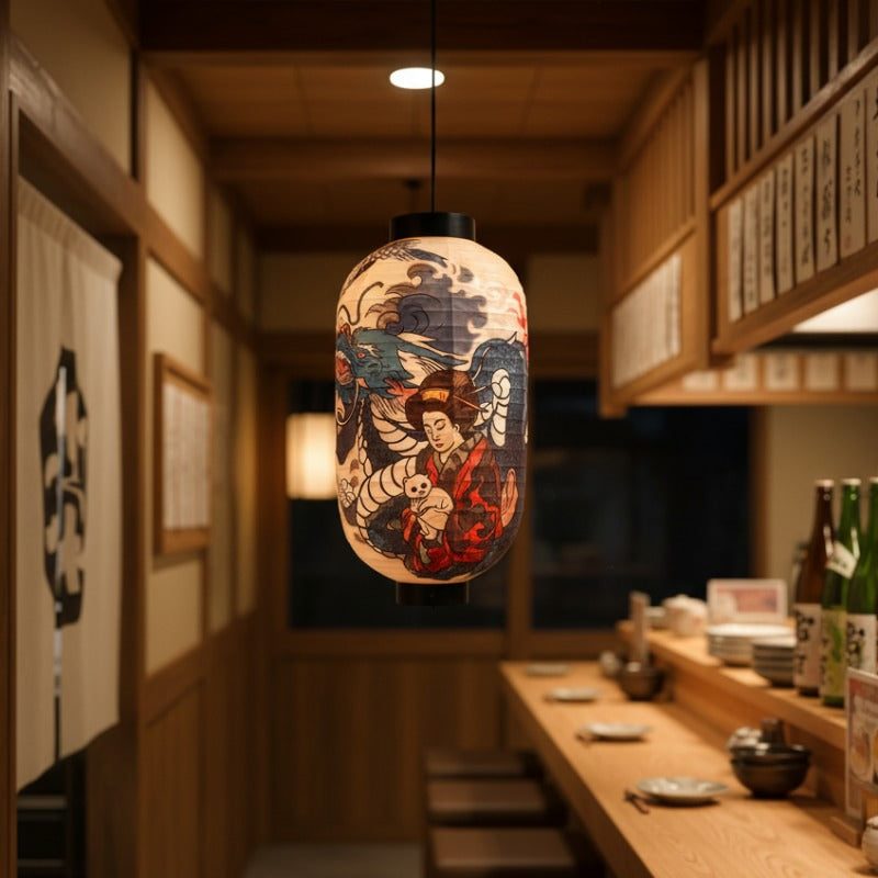 Beautiful lantern chochin featuring geisha and waves hanging in authentic izakaya interior with wooden counter and traditional Japanese decor
