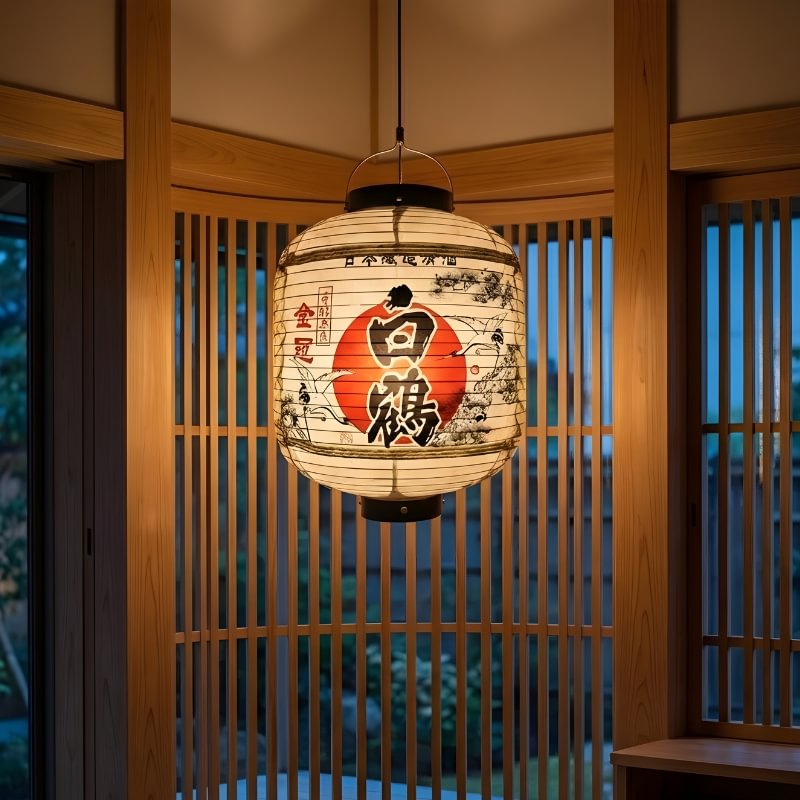 Illuminated lantern in japanese kanji design with sake barrel form suspended in contemporary interior with wooden lattice screens