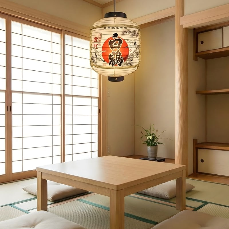 Authentic lantern in kanji japanese design illuminating traditional tatami room with low table and natural wood elements