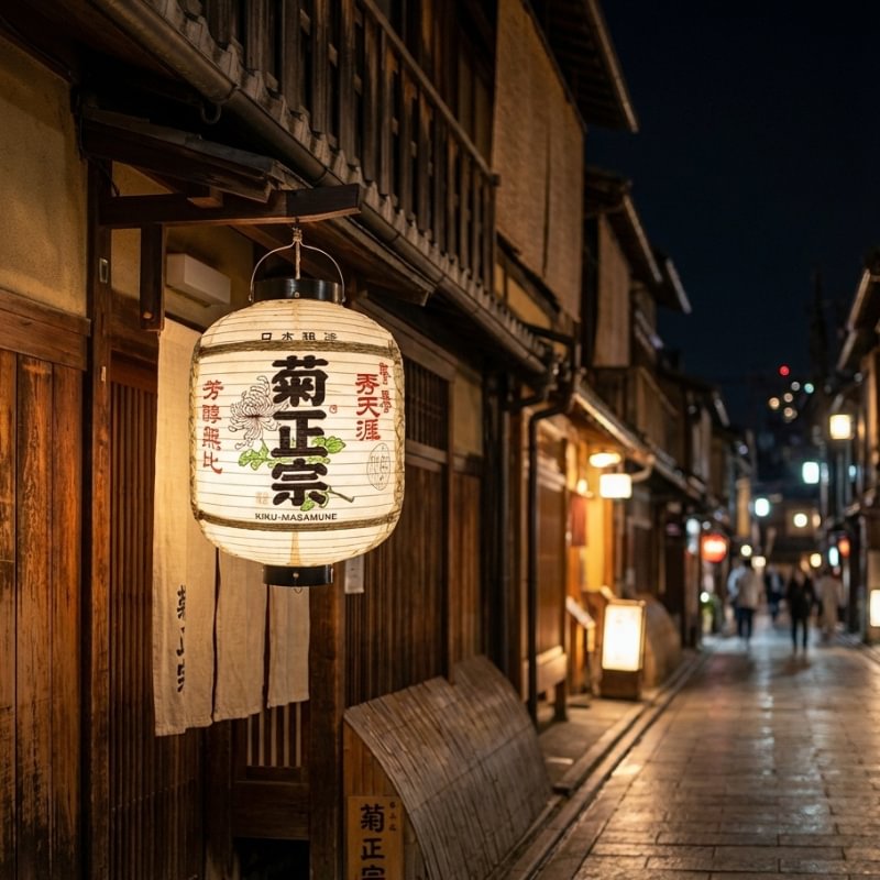 Illuminated lantern japanese yard design with floral motifs hanging outside traditional wooden storefront on historic district street at night