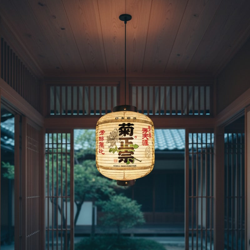 Traditional lantern yard japanese with chrysanthemum kanji suspended in open pavilion overlooking serene garden with wooden lattice screens at dusk