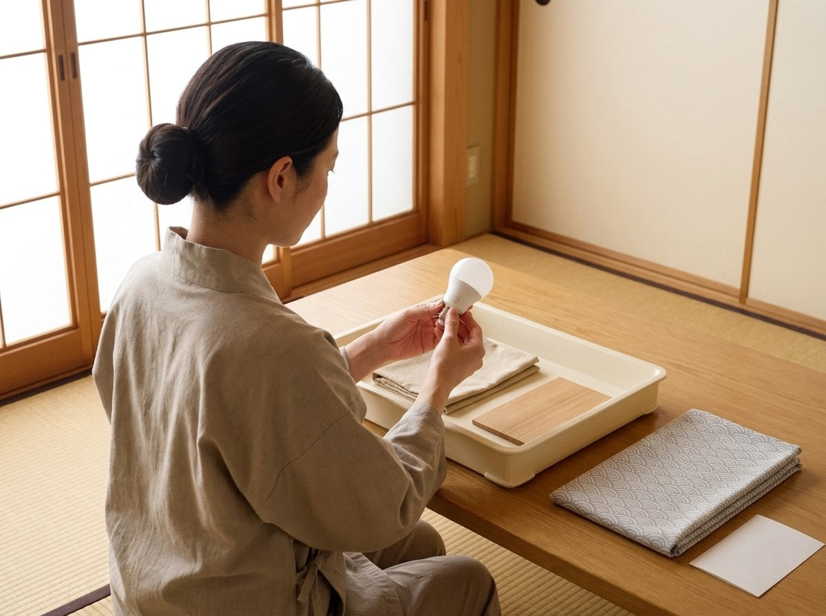 Artisan holding a single LED bulb for a Japanese lantern above a tray with folded cloths, tatami room table near a sunlit shoji screen