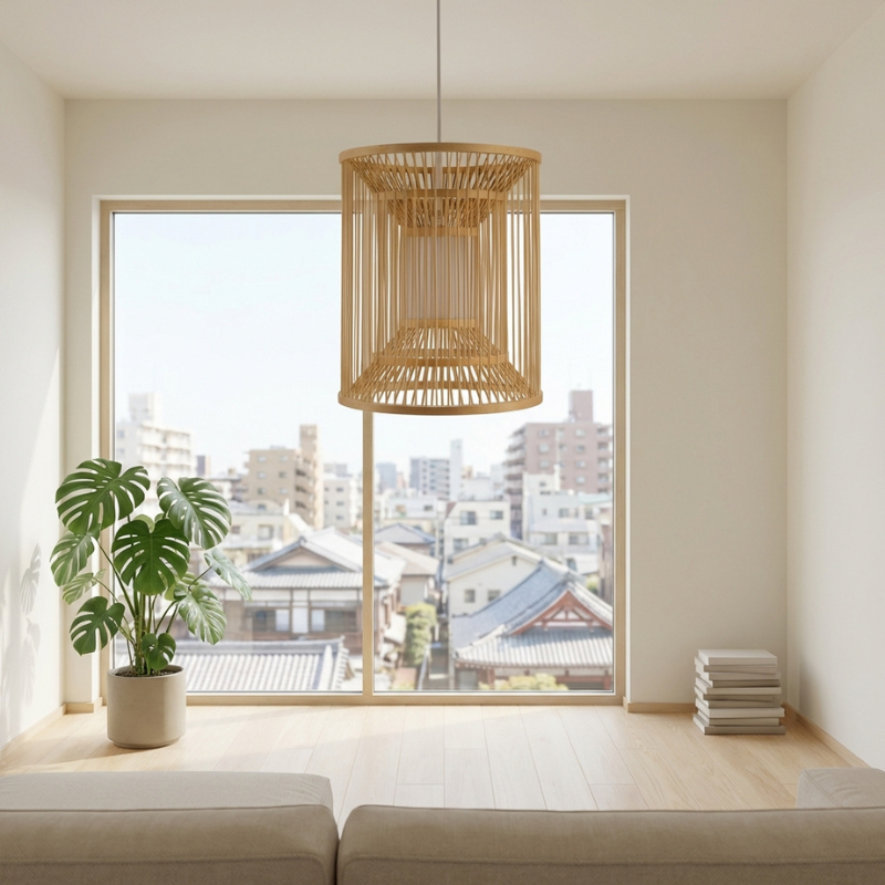 Light ceiling japanese natural bamboo cage pendant hanging above sofa in minimalist room with panoramic Japanese city view