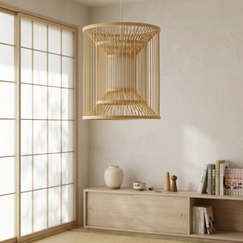 Light japanese ceiling natural bamboo cage pendant hanging in traditional room with shoji screens wooden sideboard and ceramic vases
