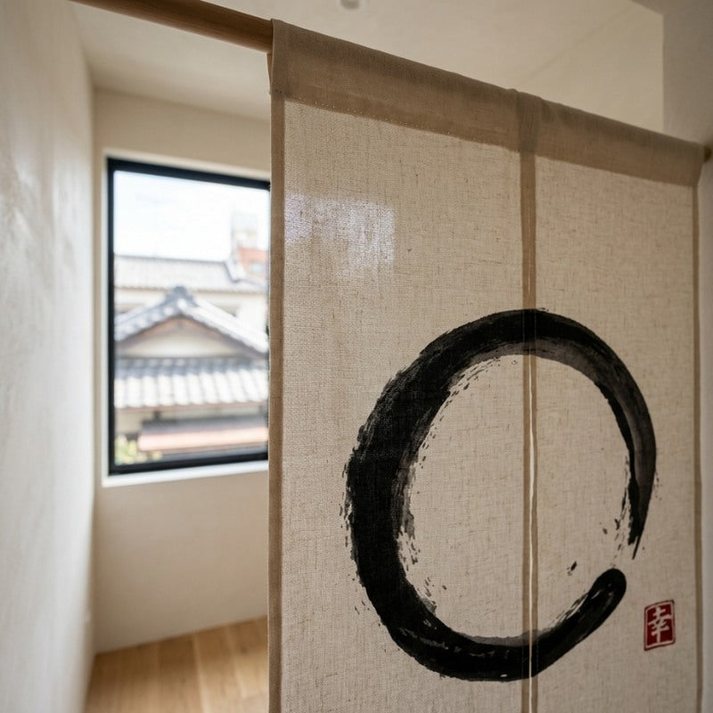 Linen curtain noren with black Enso circle close up near window overlooking traditional Japanese rooftops