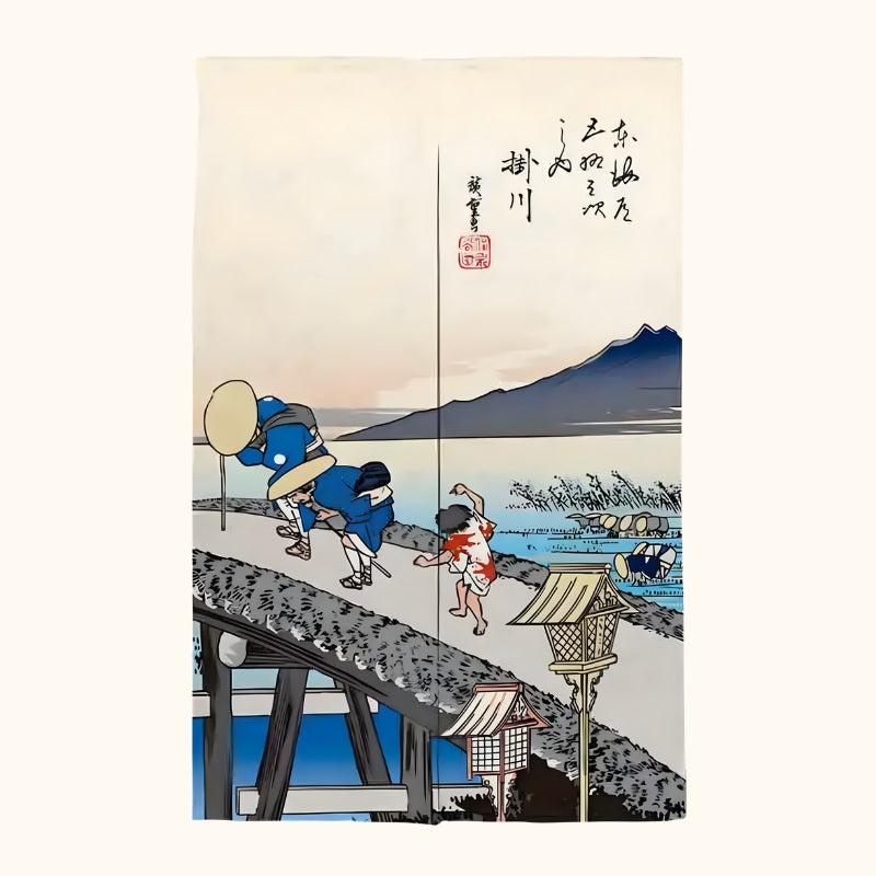 Long noren japanese curtain featuring Hiroshige Kakegawa ukiyo-e print displayed on neutral background
