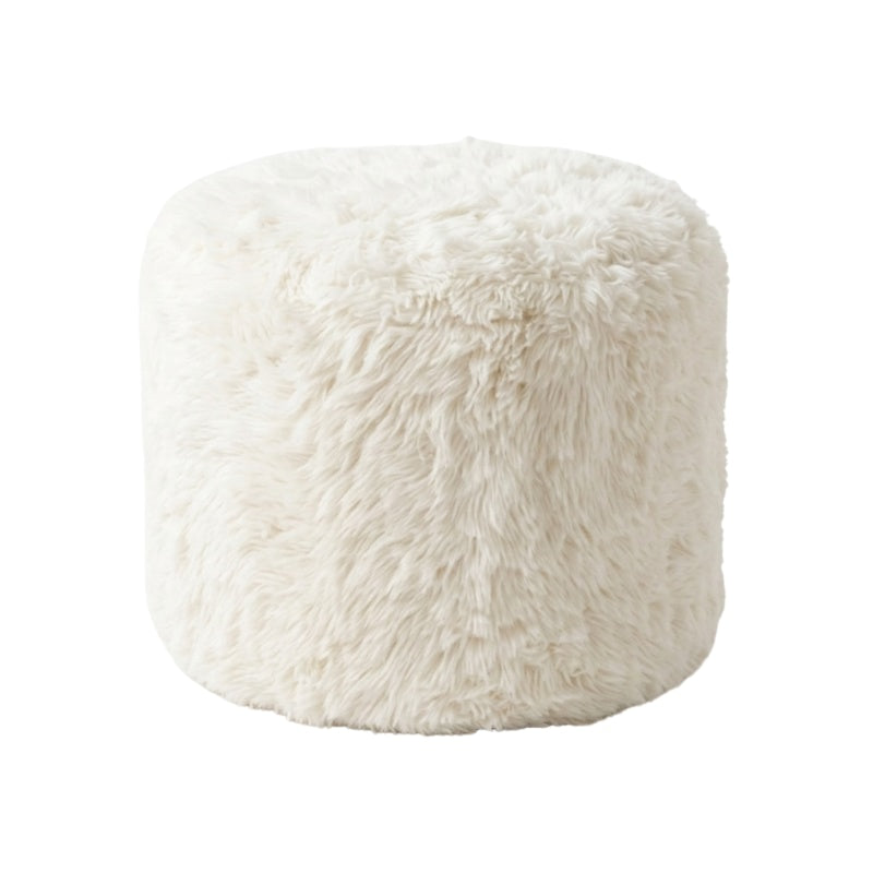 Round low sofa Japanese style ottoman in cream faux fur fabric displayed on white background