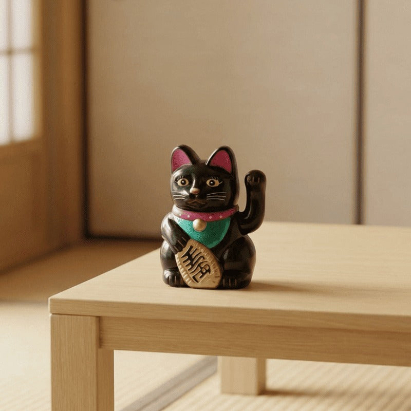 Glossy black lucky cat maneki neko statue with waving paw positioned on light wood table in minimalist Japanese home setting