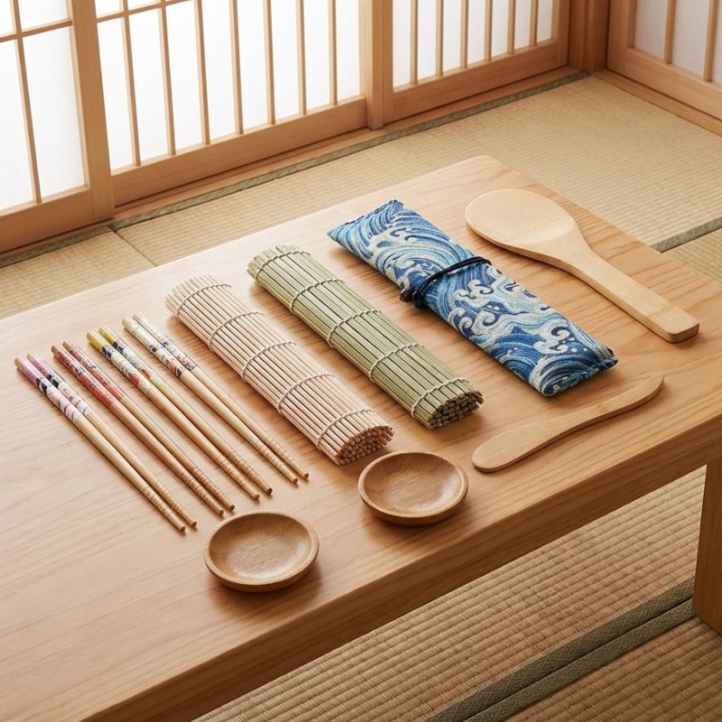 Traditional make sushi kit with bamboo rolling mats and wooden accessories displayed on tatami floor