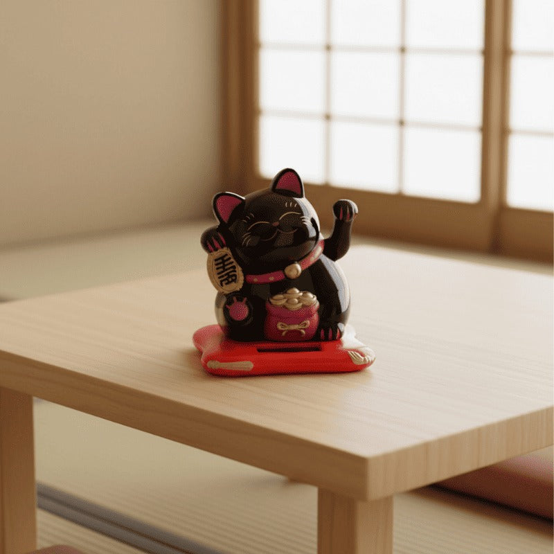 Glossy black maneki neko black cat with raised paw and red accents displayed on wooden table near shoji window in soft natural light