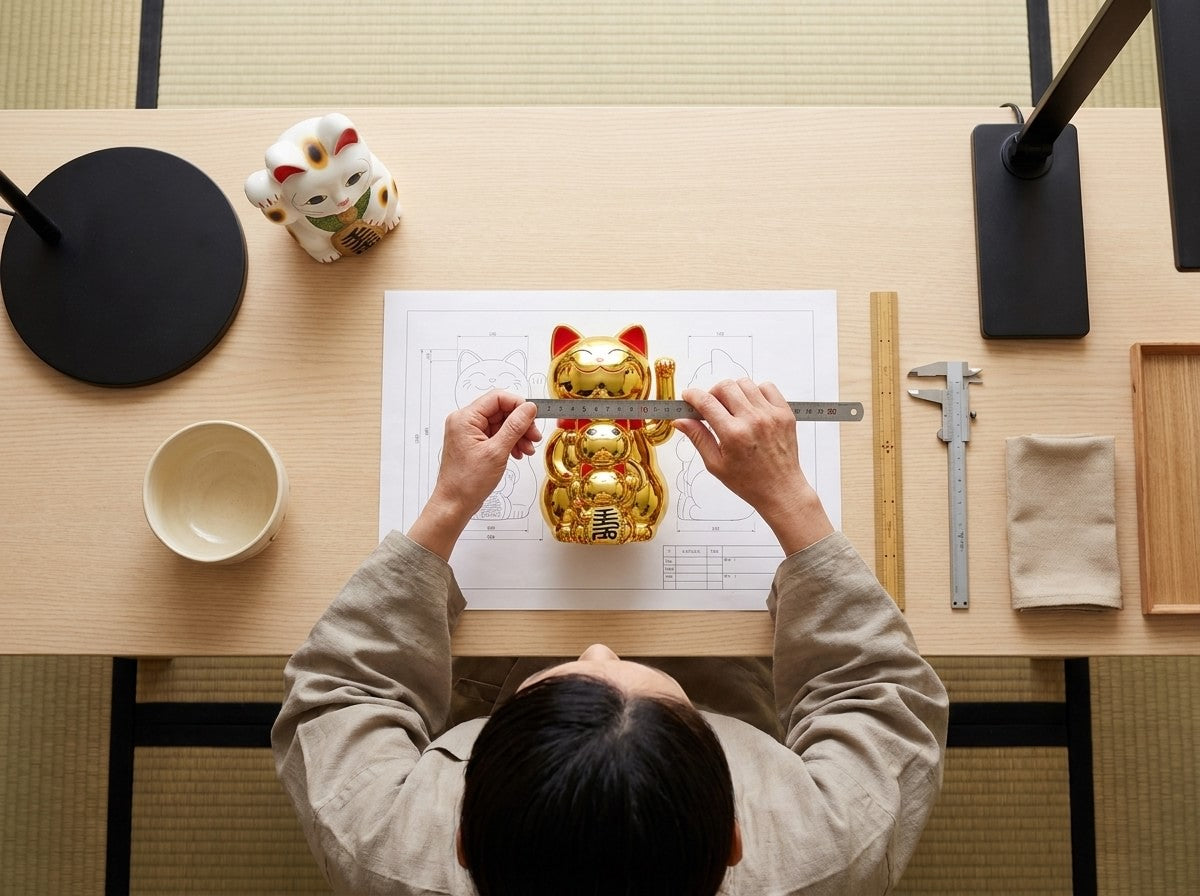 Overhead workshop shot measuring a traditional gold maneki neko cat figurine with raised paw on a scale blueprint, ruler, calipers and a second white maneki neko nearby