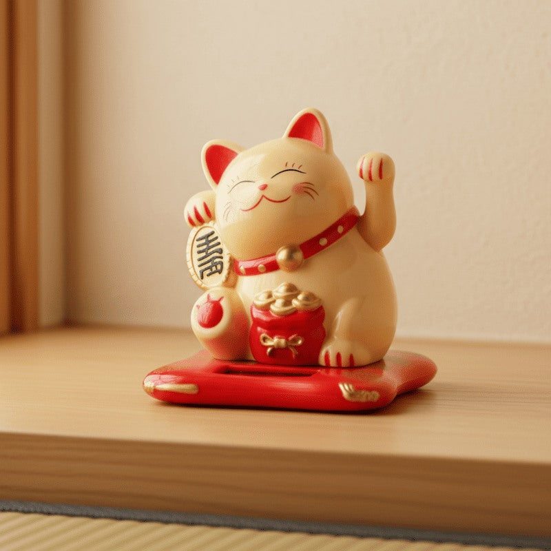Prosperous beige maneki neko cat with welcoming paws and red collar sitting on platform near wooden shelf edge catching afternoon natural light