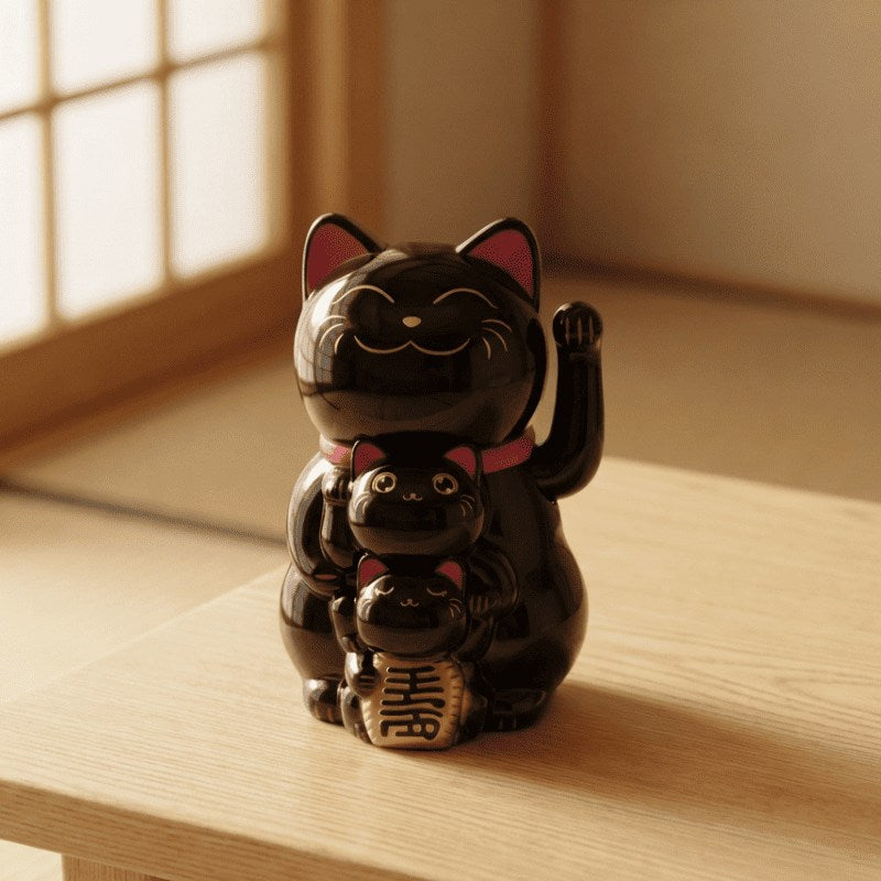 Black maneki neko cute japanese family with pink accents positioned on tatami floor near shoji window in warm natural light